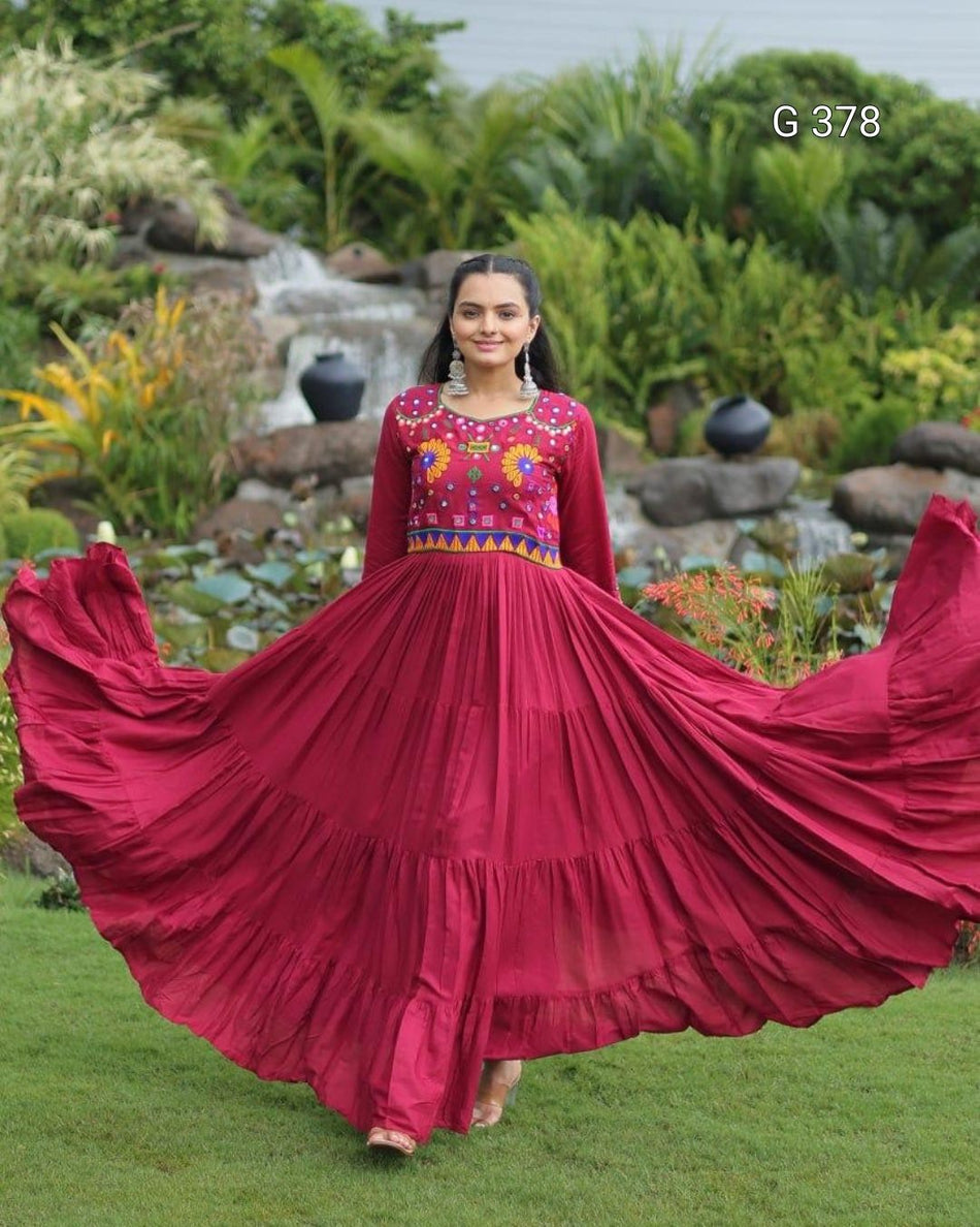 Maroon Reyon Gown with Kutchi Gamthi Work – G 378