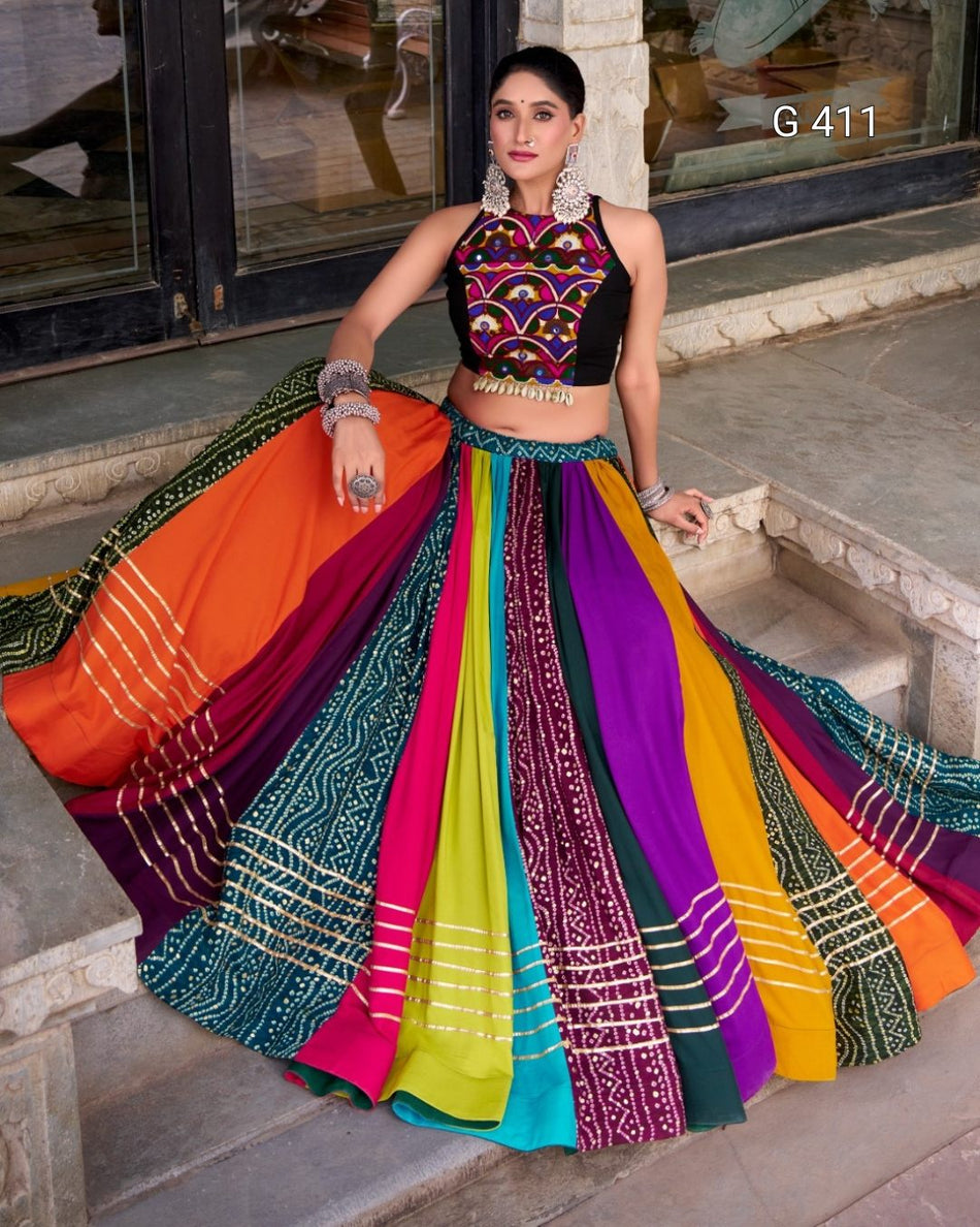 Cotton Printed Lehenga with Gota-Patti & Mirror Lace Top – G 411 Multi