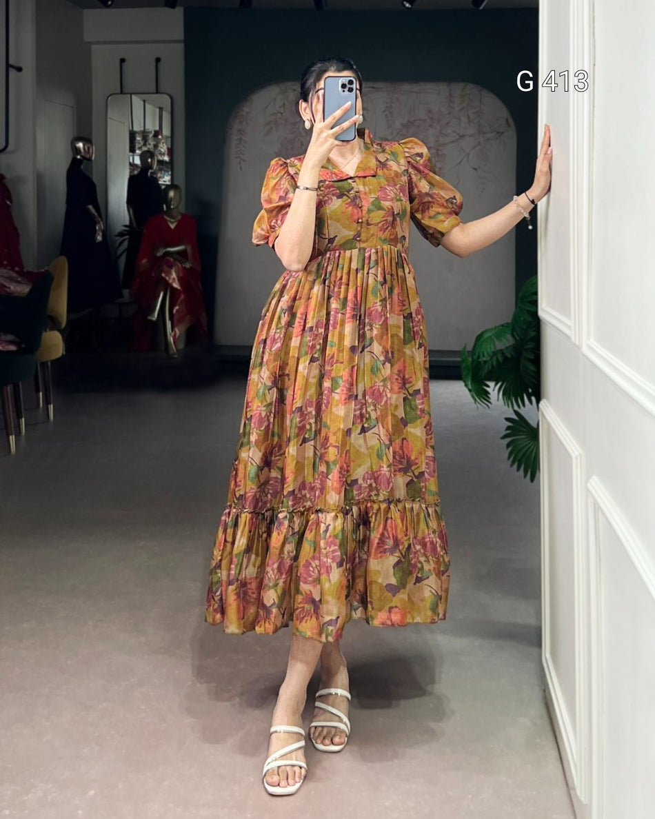 Organza Floral Printed Frock with Micro Crepe Lining – G 413 Brown