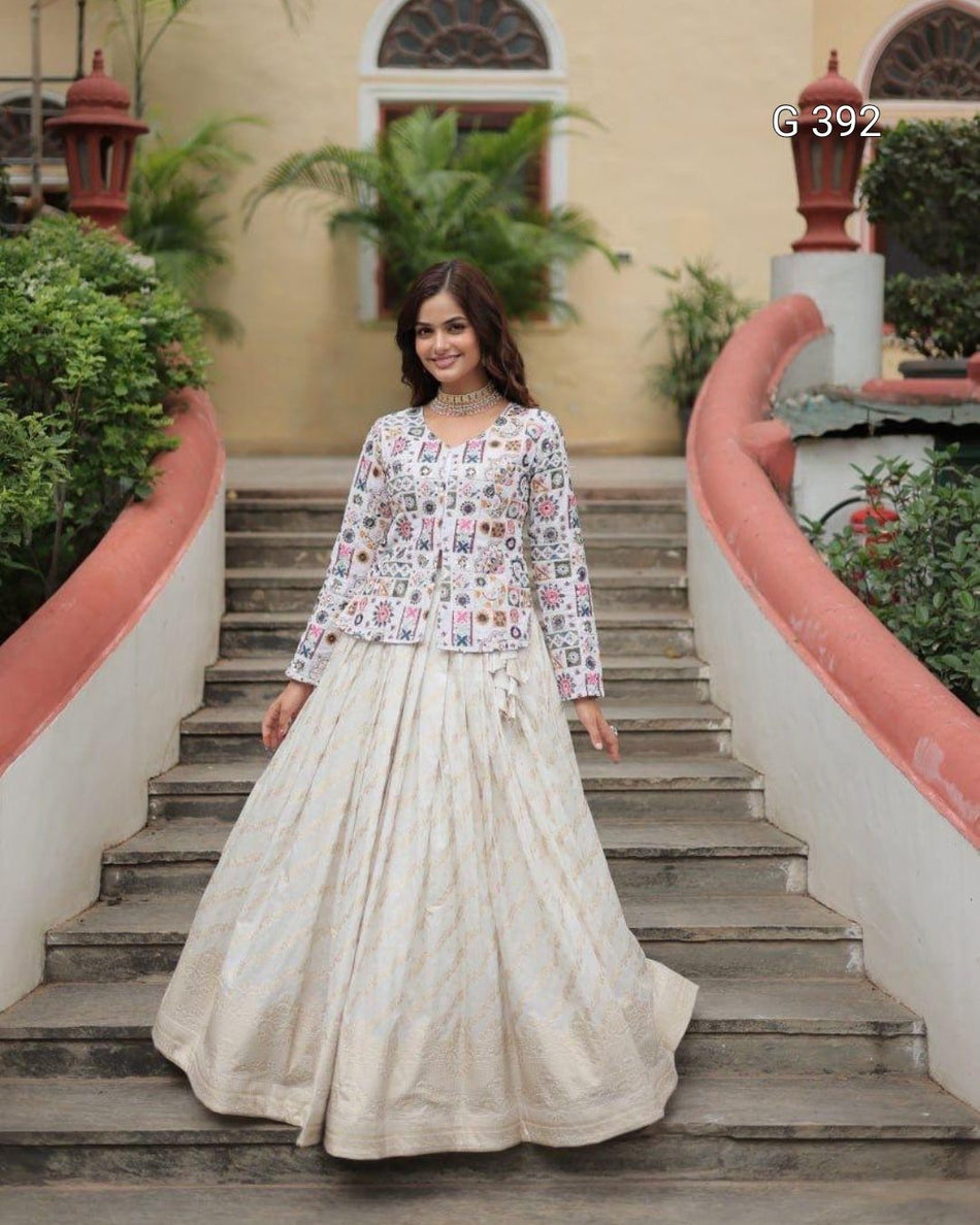 Pure Dayble Viscose Jacquard Lehenga with Thread-Sequins Top – G 392 White