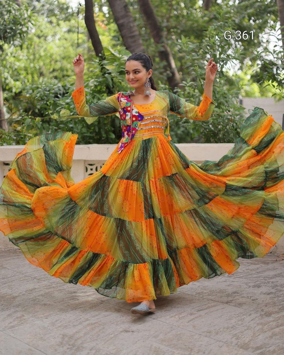 Faux Georgette Gown with Laheriya & Bandhej Print – G 361