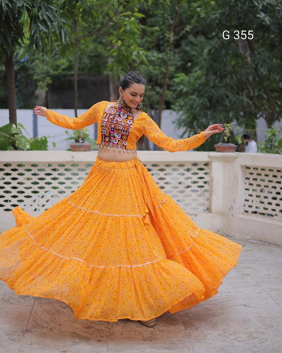 Faux Georgette Lehenga with Bandhej Print & Gotta Patti Lace