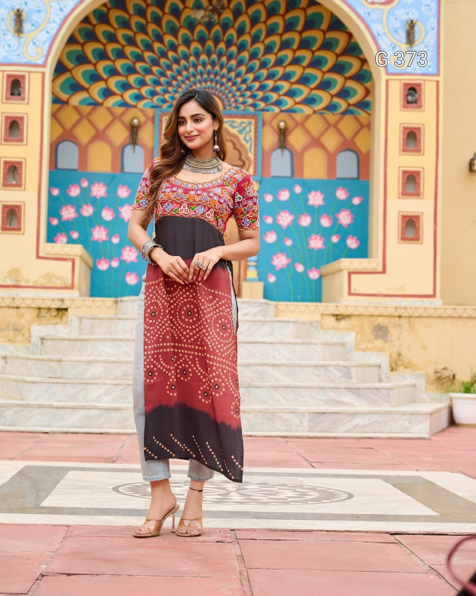Printed Rayon Kurti with Kutchi Gamthi Work – G 373