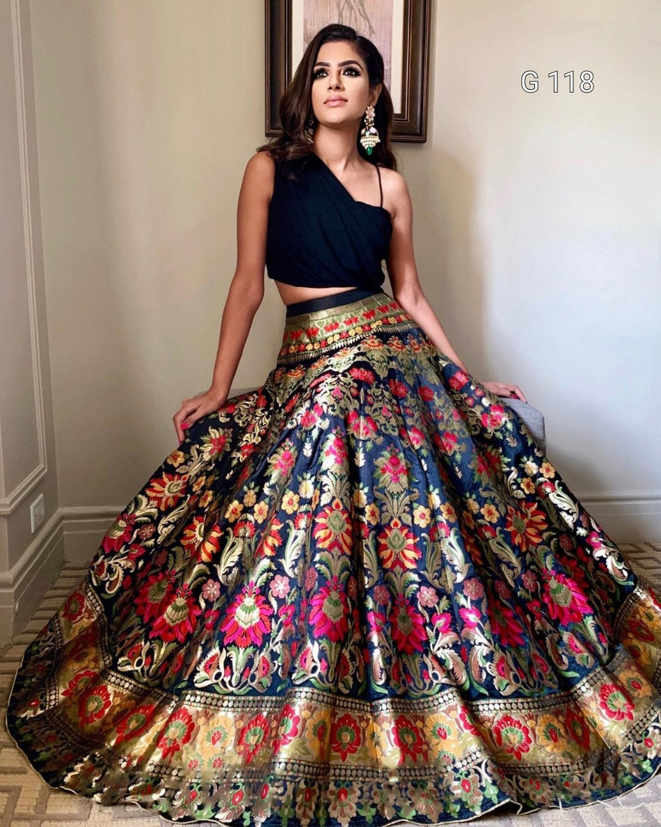 Elegant Black Banarasi Silk Lehenga with Zari Weaving & Heart Shaped Blouse Set - G 118 Black