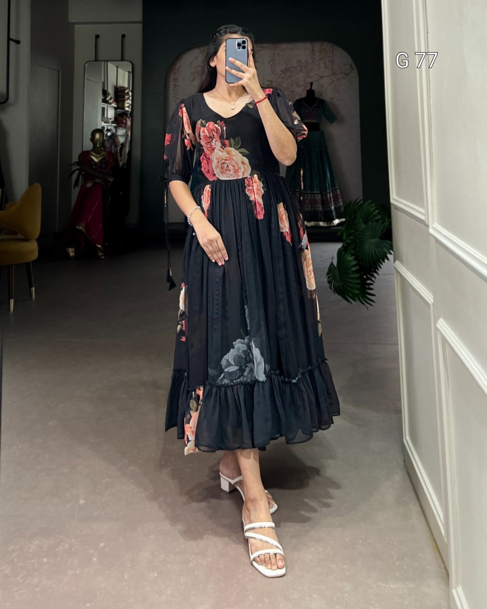 Floral Printed Georgette Frock – G 77 Black