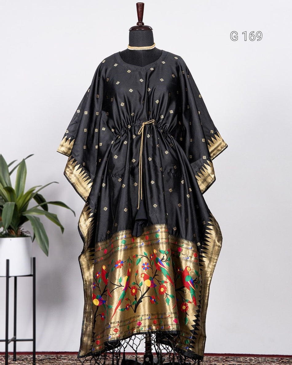 Black Jacquard Paithani Kaftan with Zari Weaving Work & Lace Border – G 169 Black