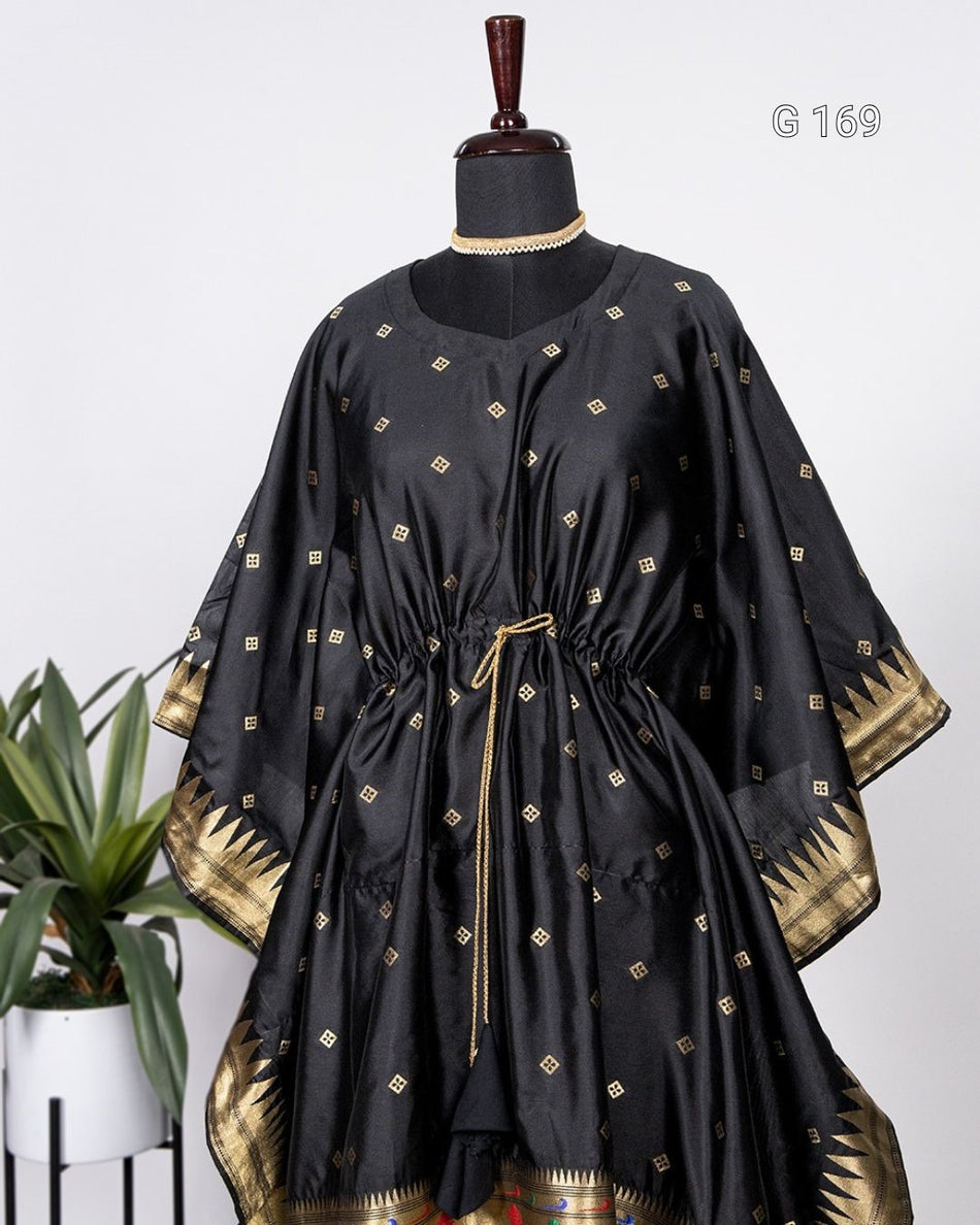 Black Jacquard Paithani Kaftan with Zari Weaving Work & Lace Border – G 169 Black