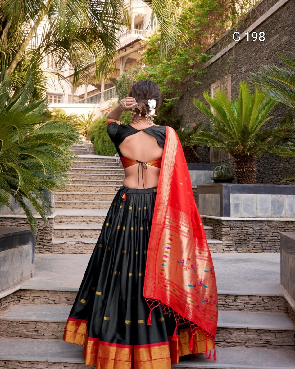 Black Jacquard Silk (Paithani) Lehenga with Zari Weaving Work – G 198 Black