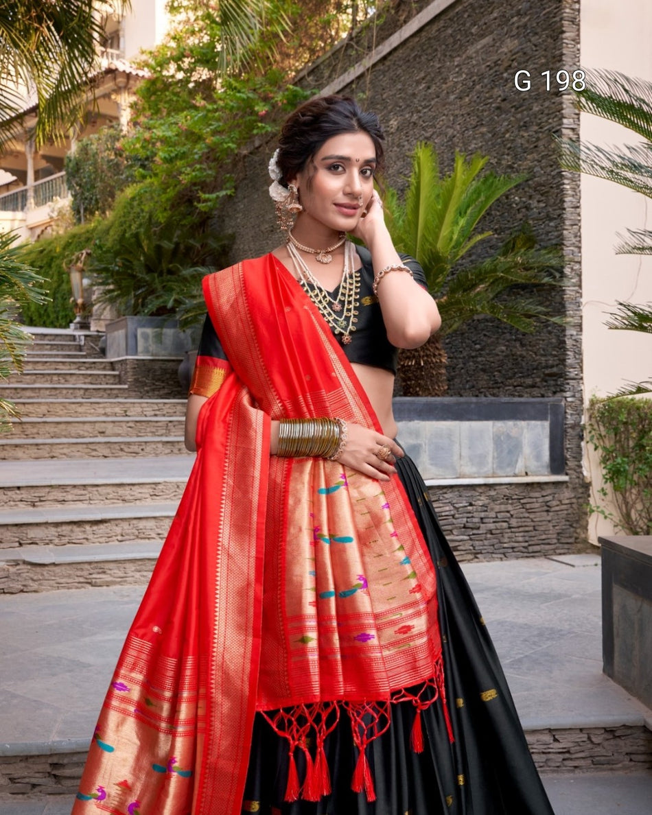 Black Jacquard Silk (Paithani) Lehenga with Zari Weaving Work – G 198 Black