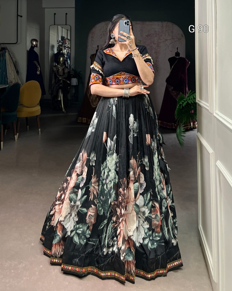Tasar Silk Lehenga with Floral Print & Paper Mirror Lace Touch Up – G 90 Black