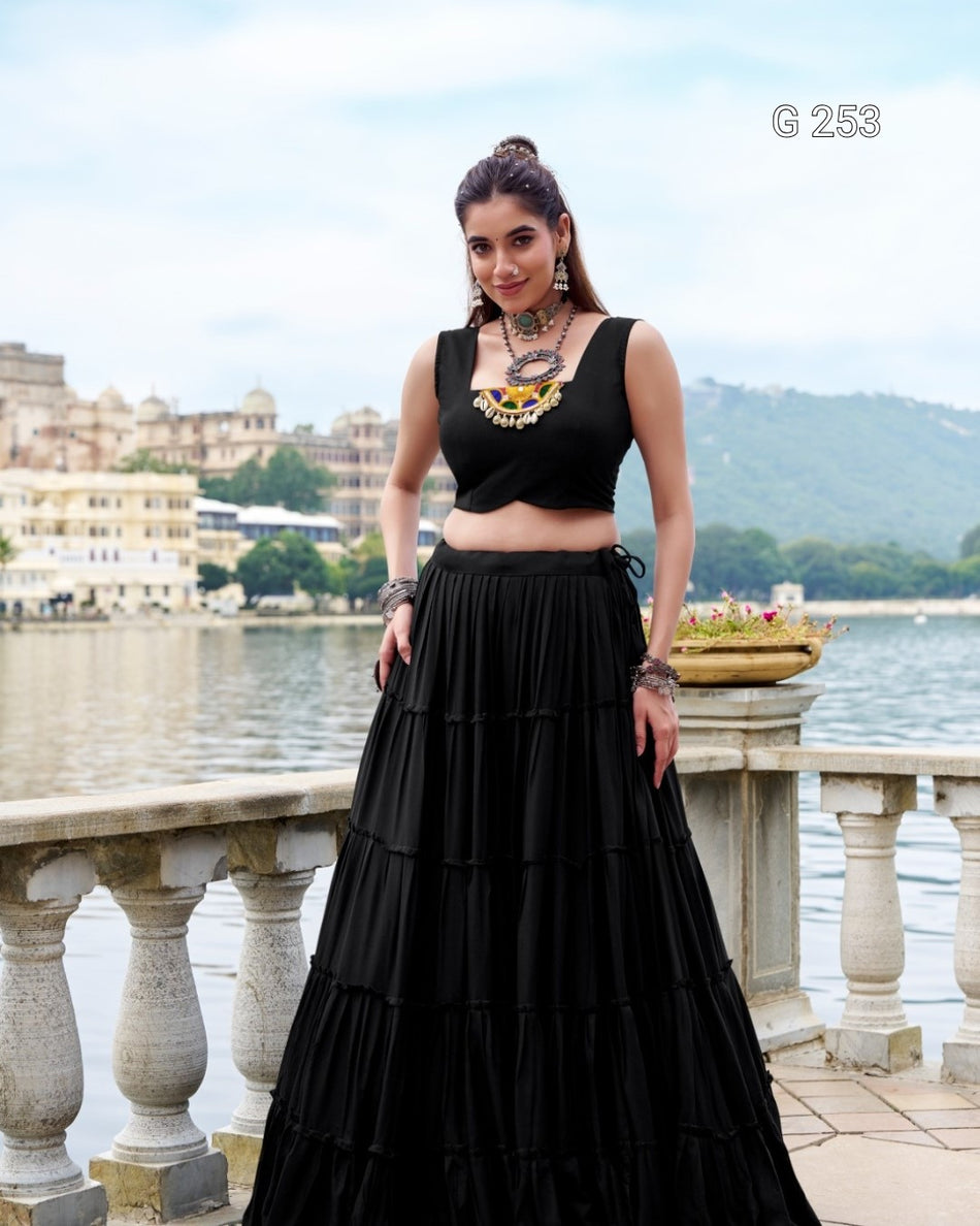 Plain Pure Rayon Lehenga with Original Mirror Gamthi Work – G 253 Black