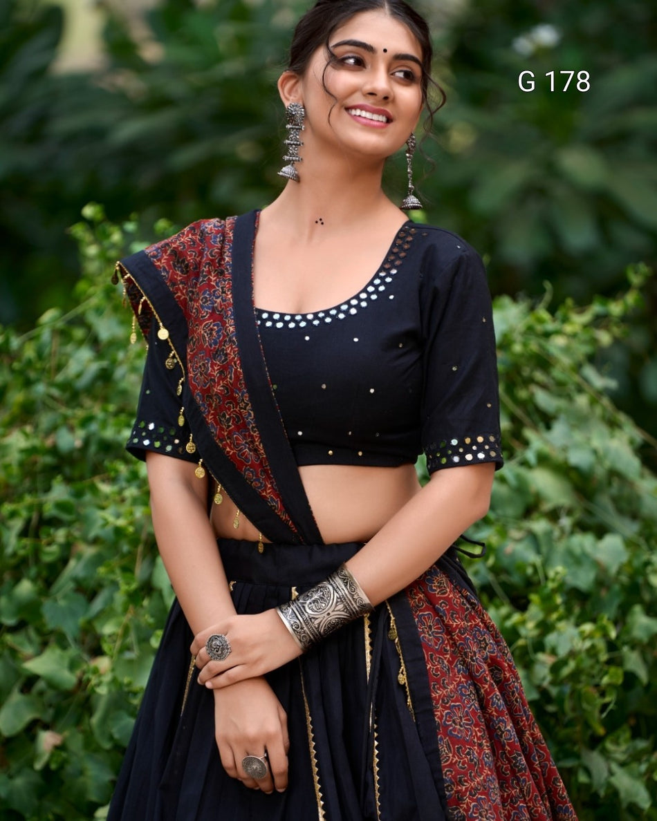 Black Pure Cotton Lehenga with Gota Patti Touch-Up & Real Mirror Work, Coin Lace Border Dupatta – G 178 Black