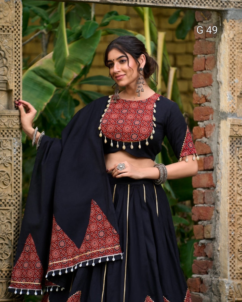 Pure Cotton Lehenga with Printed & Paper Mirror Work, Gota Patti & Cowrie Lace – G 49 Black