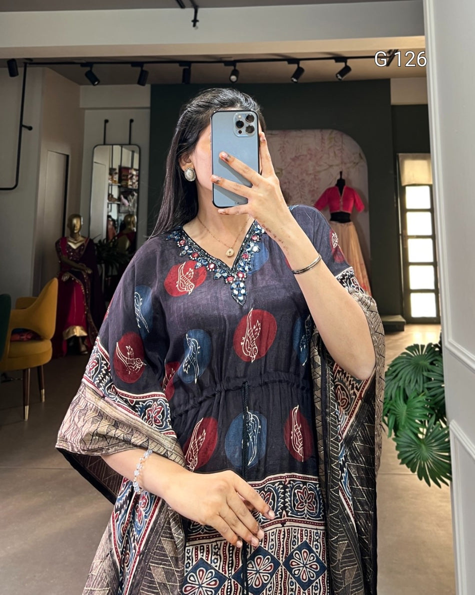 Pure Viscose Zari Border Kaftan with Real Mirror Hand Work – G 126 Black