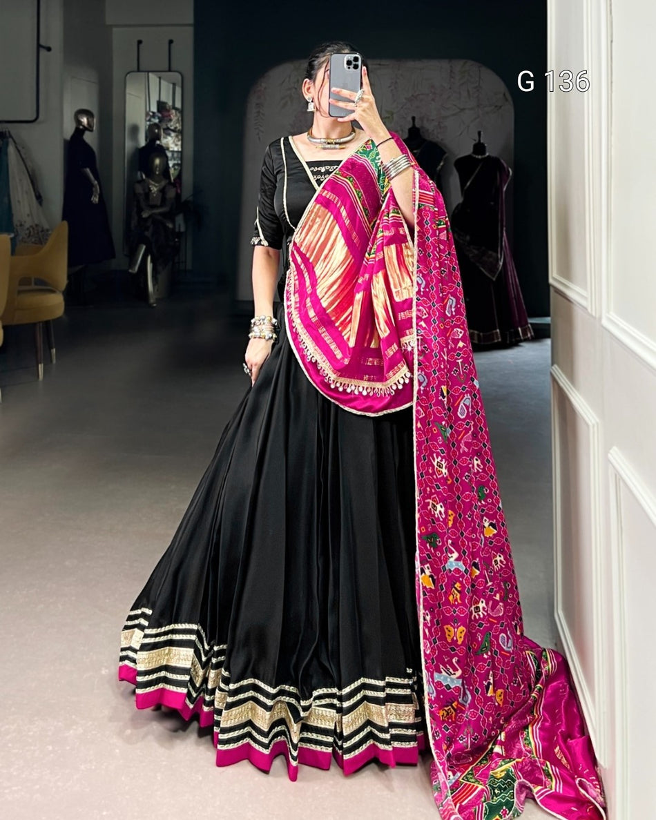 Silk Georgette Lehenga with Original Mirror Lace Touch Up & Digital Print Dupatta – G 136 Black
