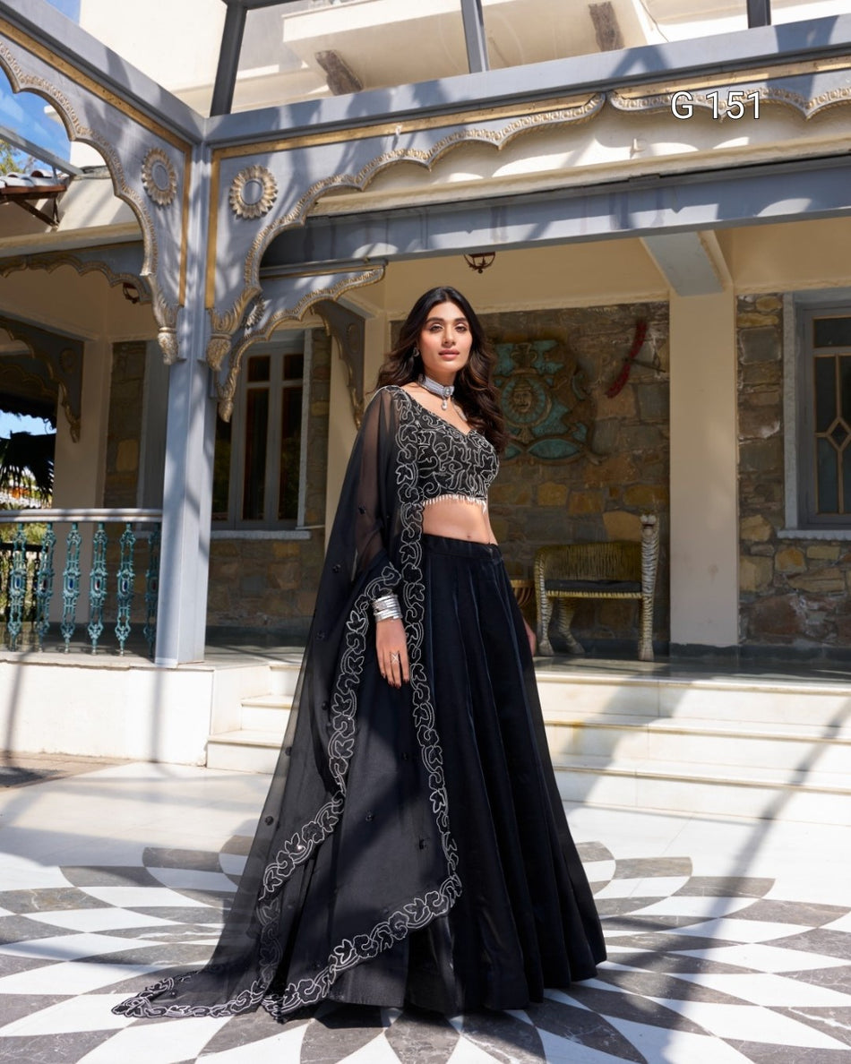 Elegant Black Star Satin Lehenga with Pearl & Sequins Embroidery – Bridal Lehenga Set-G 151 Black