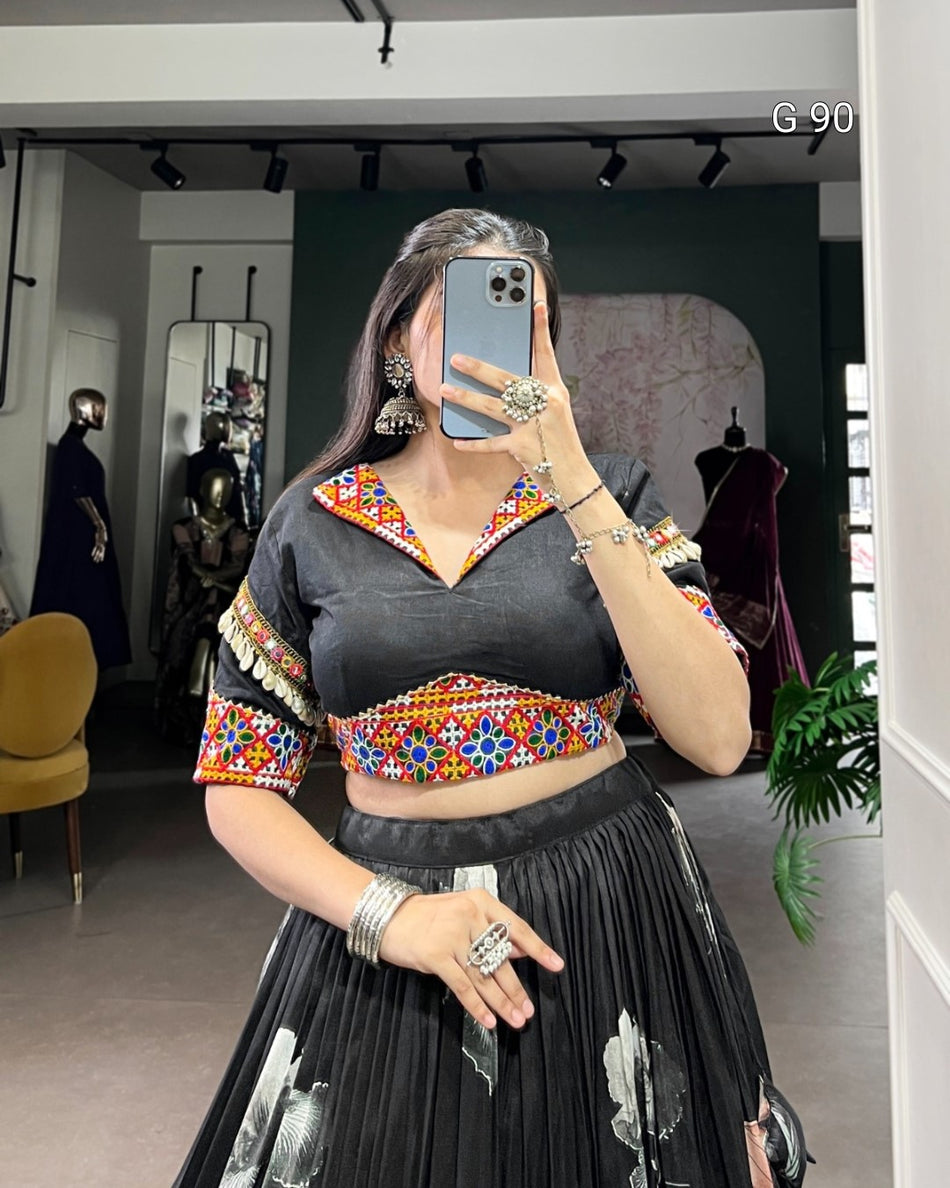 Tasar Silk Lehenga with Floral Print & Paper Mirror Lace Touch Up – G 90 Black