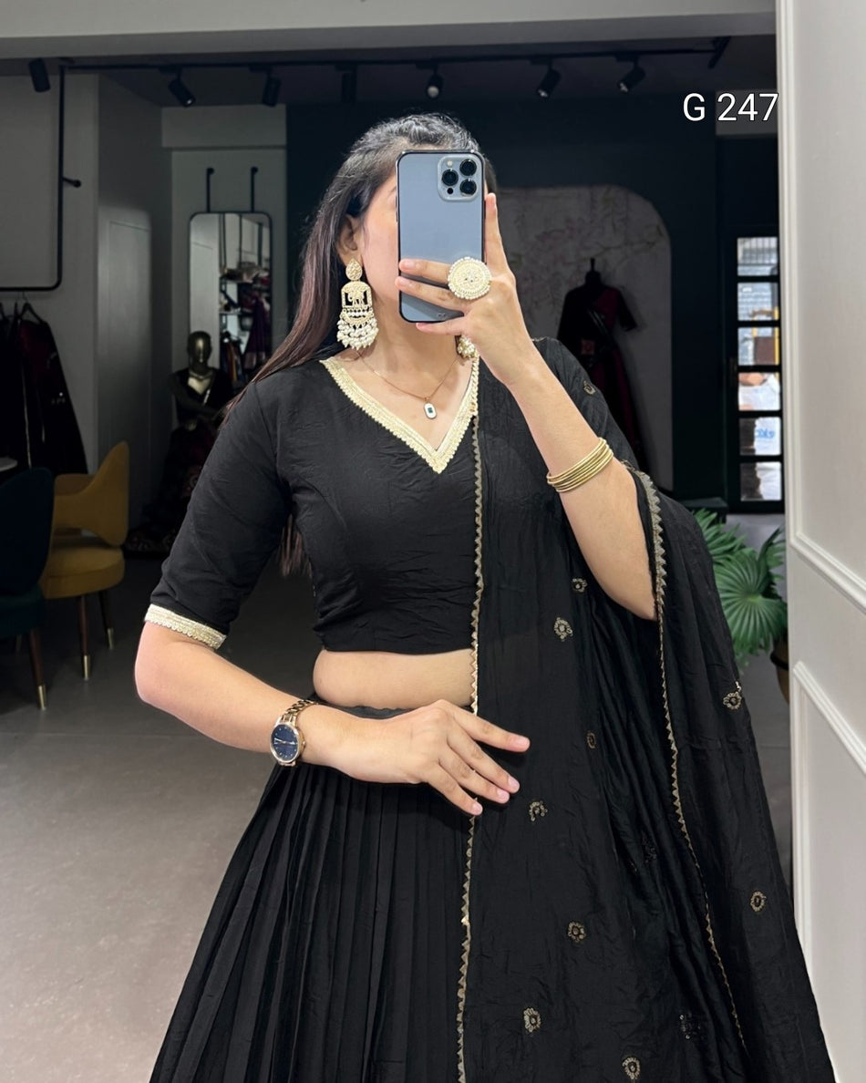 Zari Weaving Pure Chanderi Lehenga with Lace Border – G 247 Black