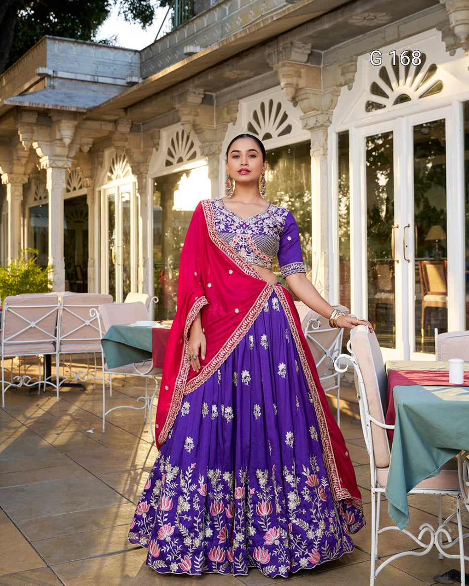 Purple Vichitra Silk Lehenga with Sequins & Thread Embroidery Work, Unstitched Blouse & Dupatta – G 168 Purple