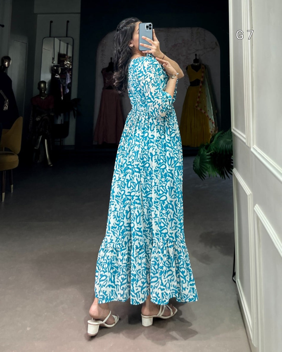 Blue Georgette Printed Frock with Adjustable Waist – G 7 Blue