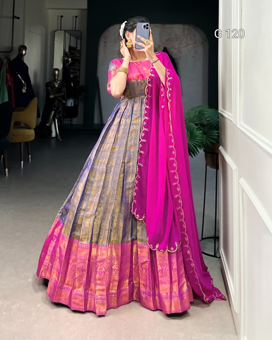 Blue Kanjivaram Gown with Zari Weaving Work and Sequins Dupatta - G 120 Blue