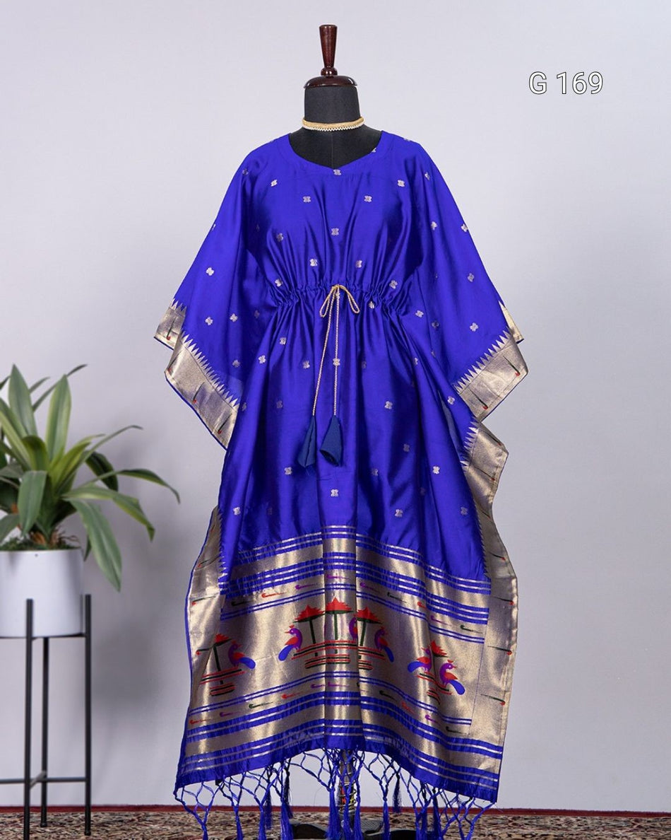 Blue Jacquard Paithani Kaftan with Zari Weaving Work & Lace Border – G 169 Blue