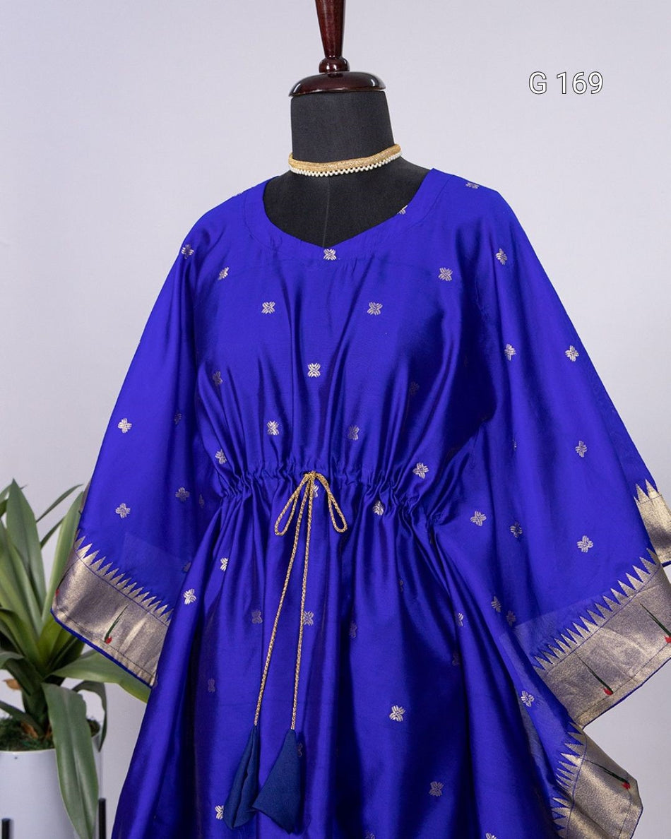 Blue Jacquard Paithani Kaftan with Zari Weaving Work & Lace Border – G 169 Blue