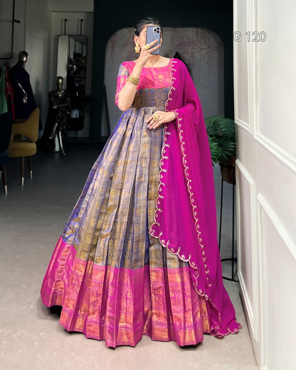 Blue Kanjivaram Gown with Zari Weaving Work and Sequins Dupatta - G 120 Blue