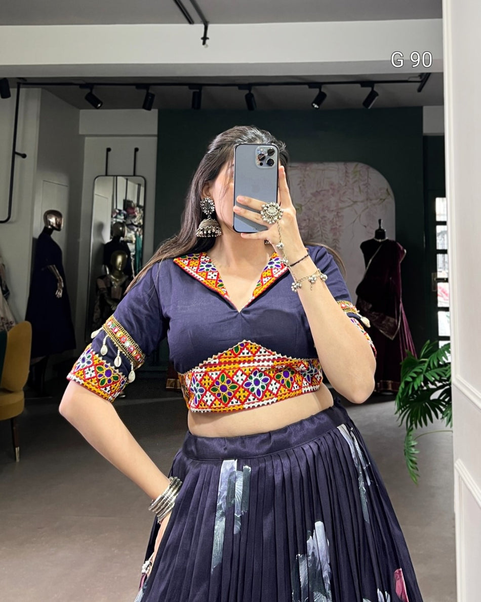 Tasar Silk Lehenga with Floral Print & Paper Mirror Lace Touch Up – G 90 Blue