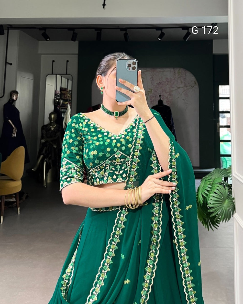 Bottle Green Georgette Lehenga with Thread Embroidery Belt – G 172 Bottle Green