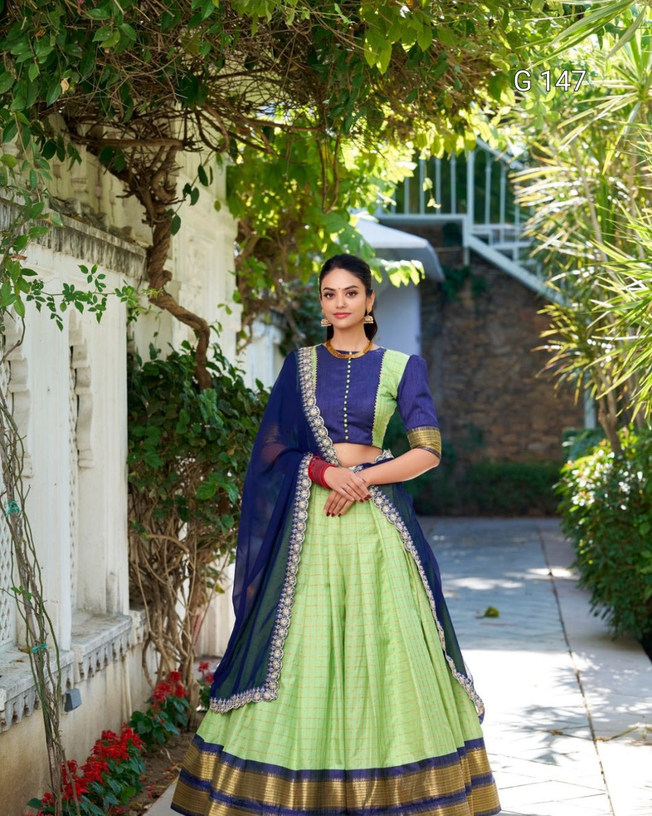 Pista Zari Chex Lehenga with Zari Weaving Work & Sequins Embroidery – Bridal Lehenga Set-G 147 Pista