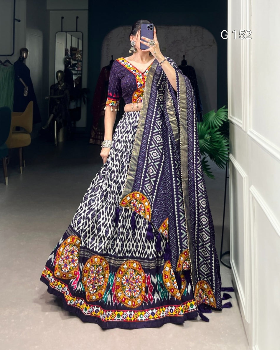 Royal Navy Blue Tussar Silk Lehenga with Ikkat Print & Original Mirror Gamthi Work – Bridal Lehenga Set-G 152 Navi Blue