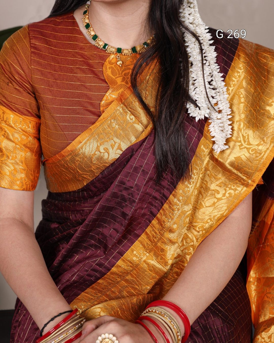 Chex Pattern Poly Cotton Saree with Zari Weaving – G 269