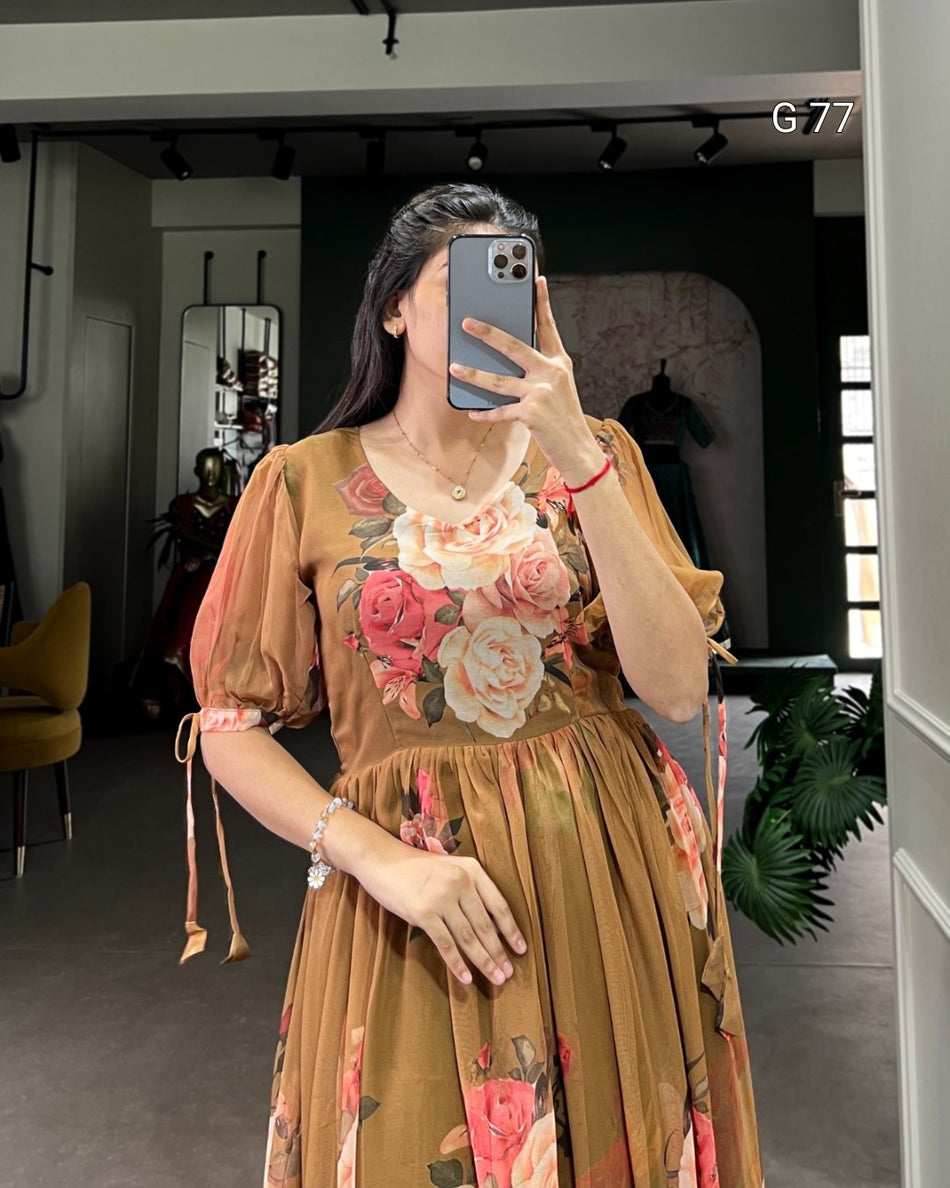 Floral Printed Georgette Frock – G 77 Brown