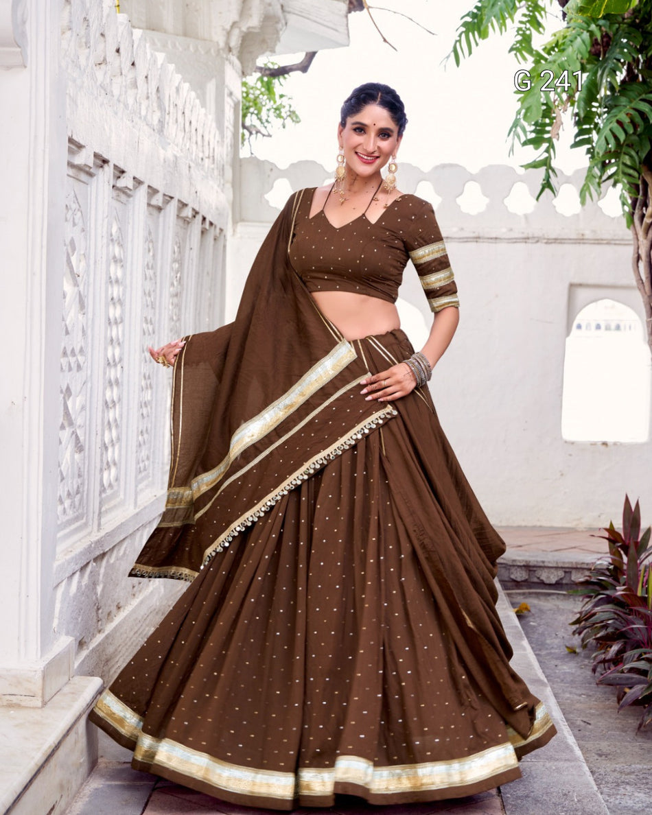Zari Weaving Pure Chanderi Lehenga with Embossed Design Lace – G 241