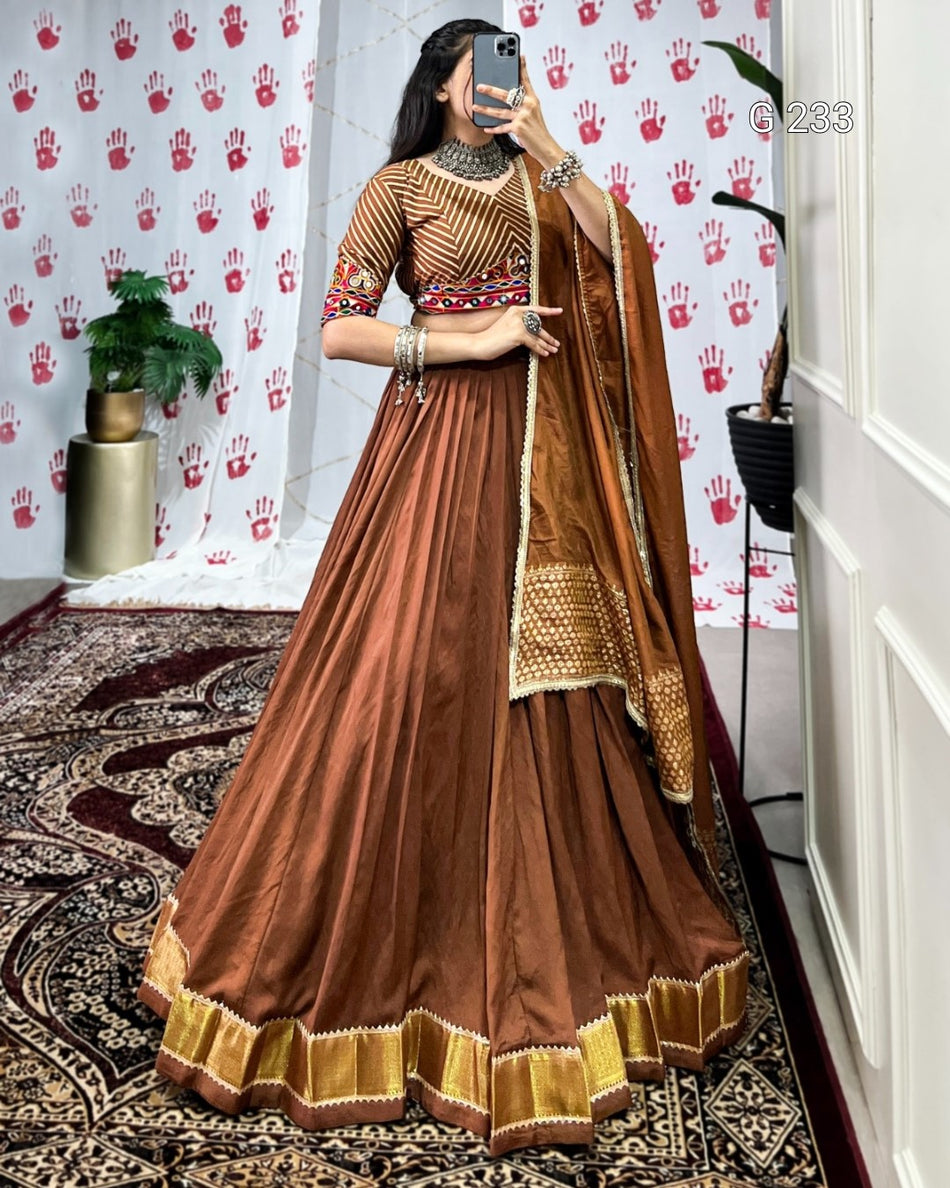 Zari Weaving Pure Chanderi Lehenga with Mirror Gamthi Work Blouse – G 233 Brown