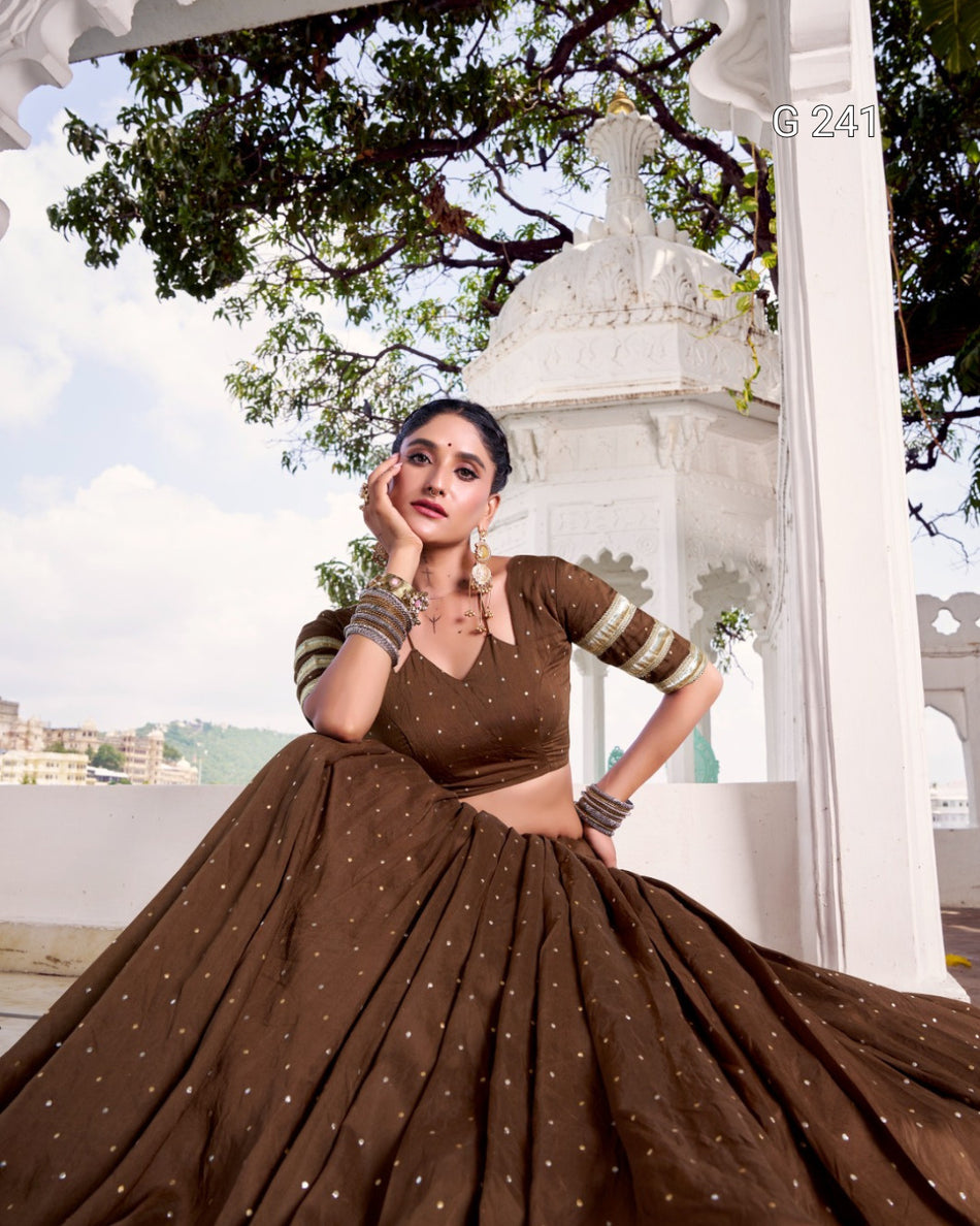 Zari Weaving Pure Chanderi Lehenga with Embossed Design Lace – G 241 Brown
