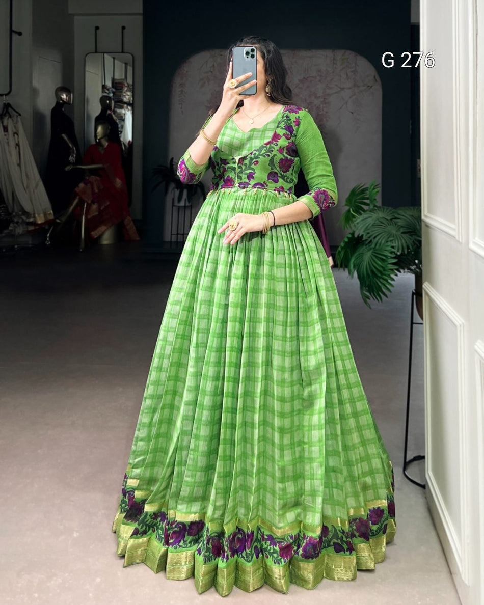 Printed Polyester Viscose Chanderi Gown with Koti – G 276 Parrot