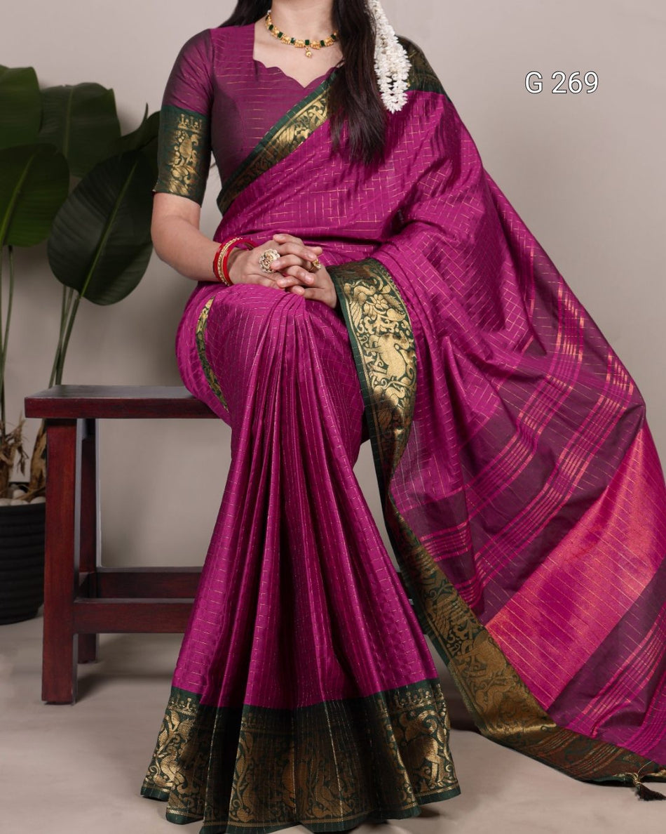 Chex Pattern Poly Cotton Saree with Zari Weaving – G 269 Rani Pink