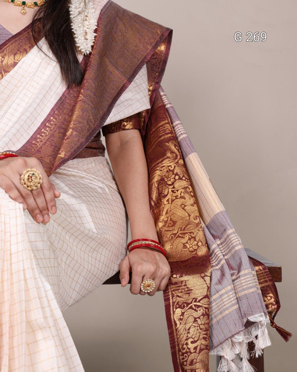 Chex Pattern Poly Cotton Saree with Zari Weaving – G 269 White