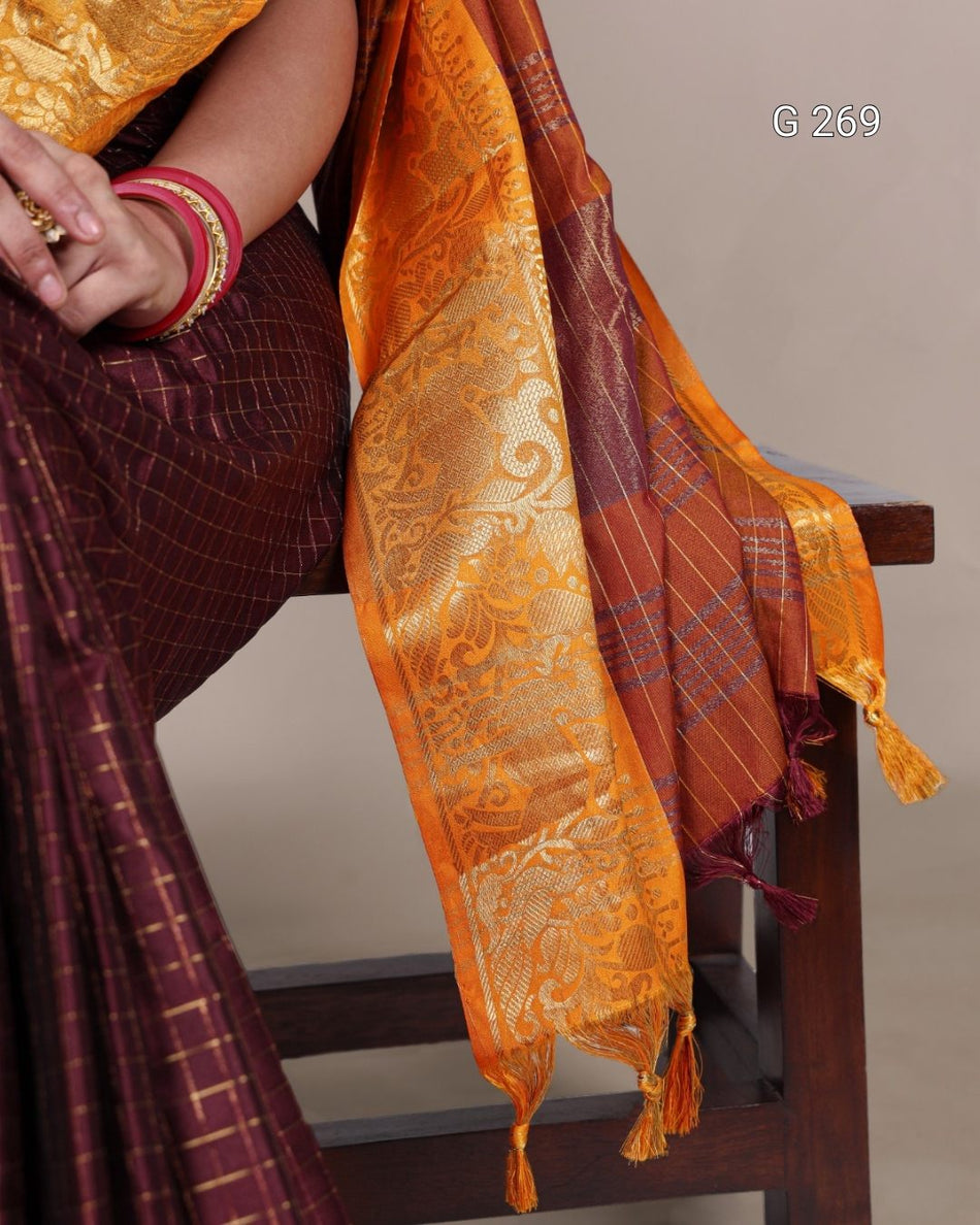 Chex Pattern Poly Cotton Saree with Zari Weaving – G 269 Brown