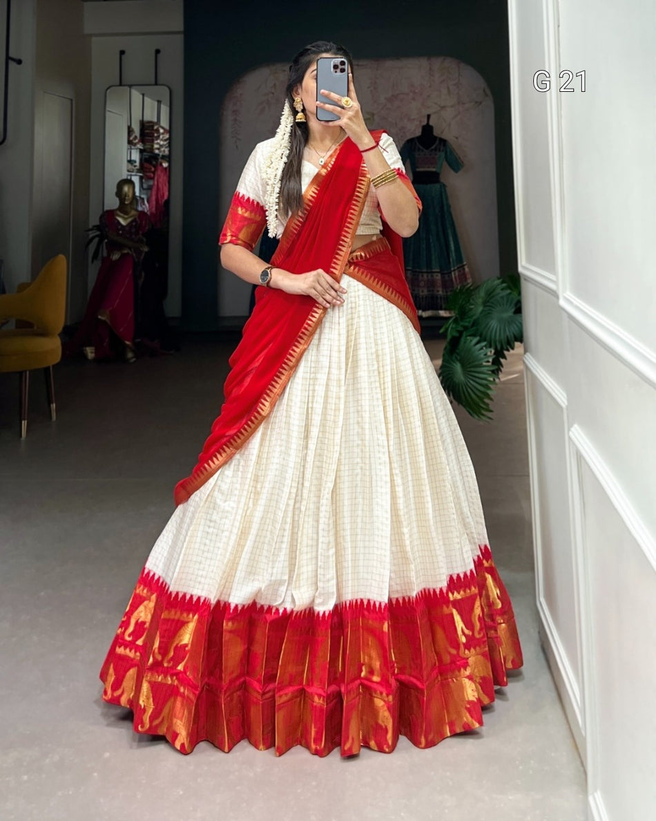 Red Poly Cotton Lehenga with Chex & Zari Weaving Work – G 21 Red