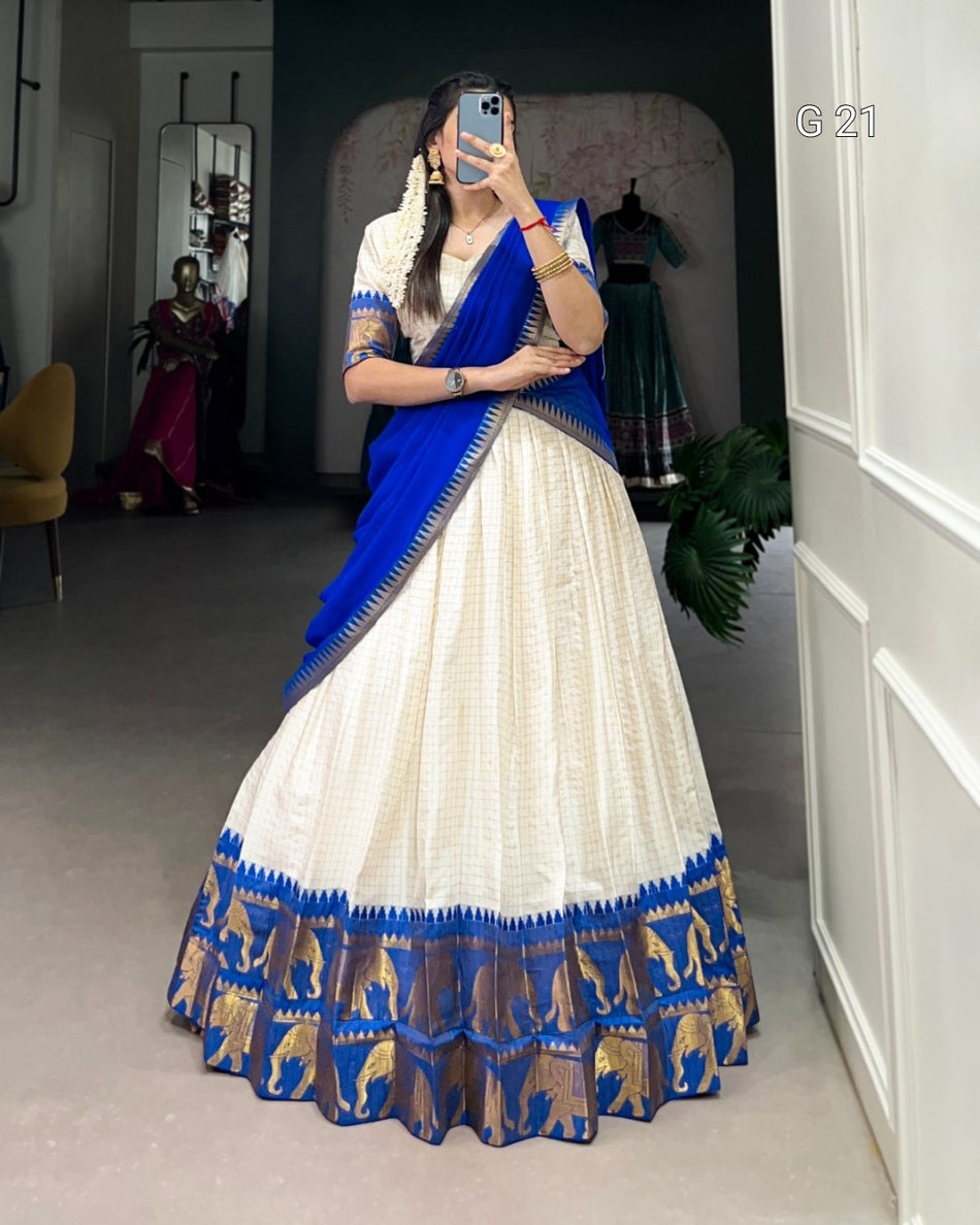 Royal Blue Poly Cotton Lehenga with Chex & Zari Weaving Work – Stitched Blouse and Georgette Dupatta - G 21 Royal Blue