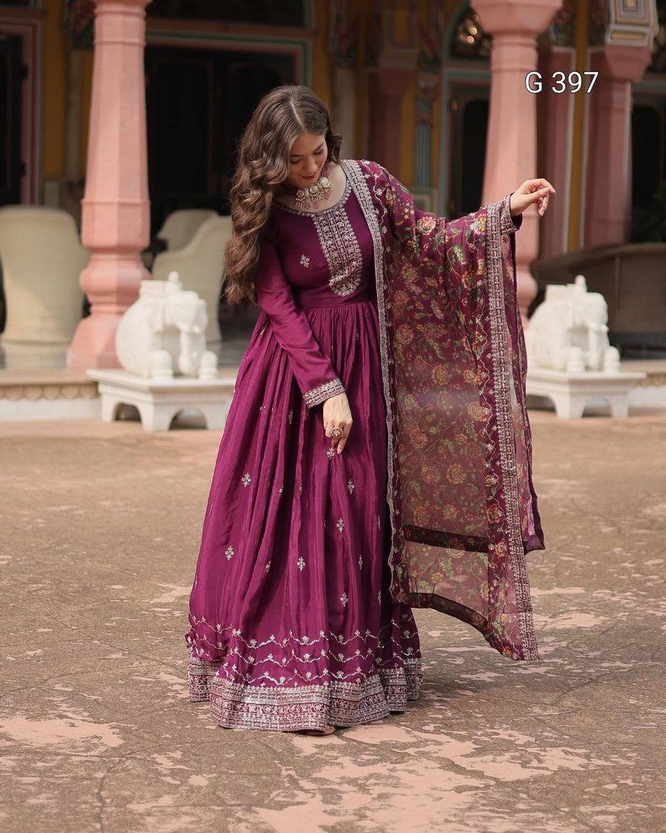 Chinon Gown with Sequins Embroidered Work and Kalamkari Dupatta – G 397
