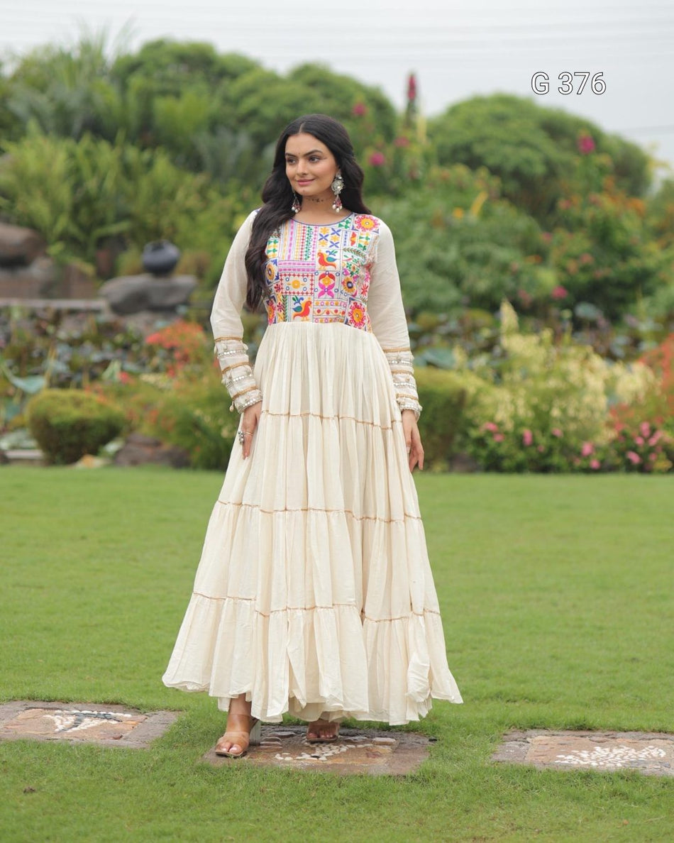 Kora Cotton Gown with Multi-Thread & Gota Patti Work – G 376 White