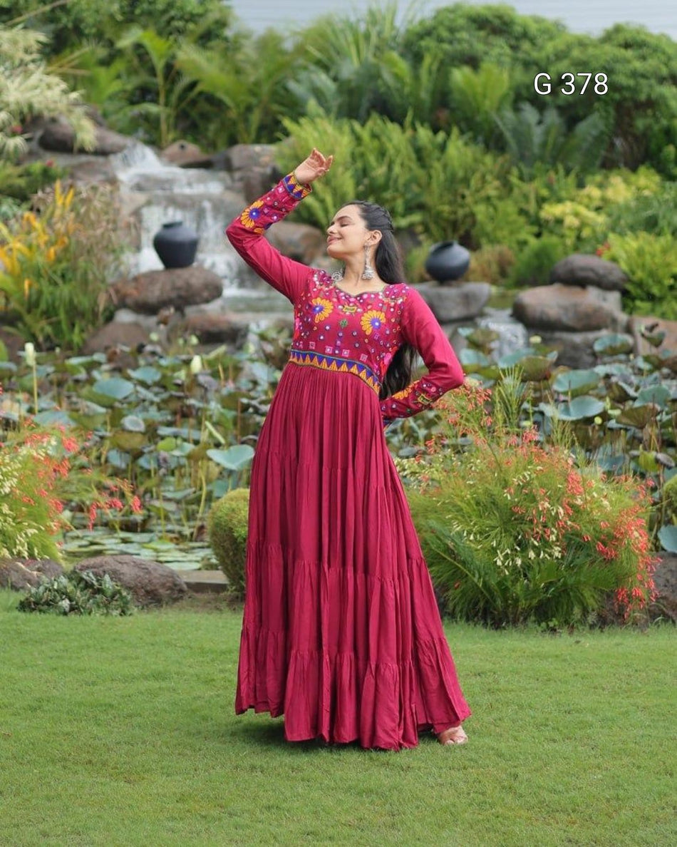 Maroon Reyon Gown with Kutchi Gamthi Work – G 378