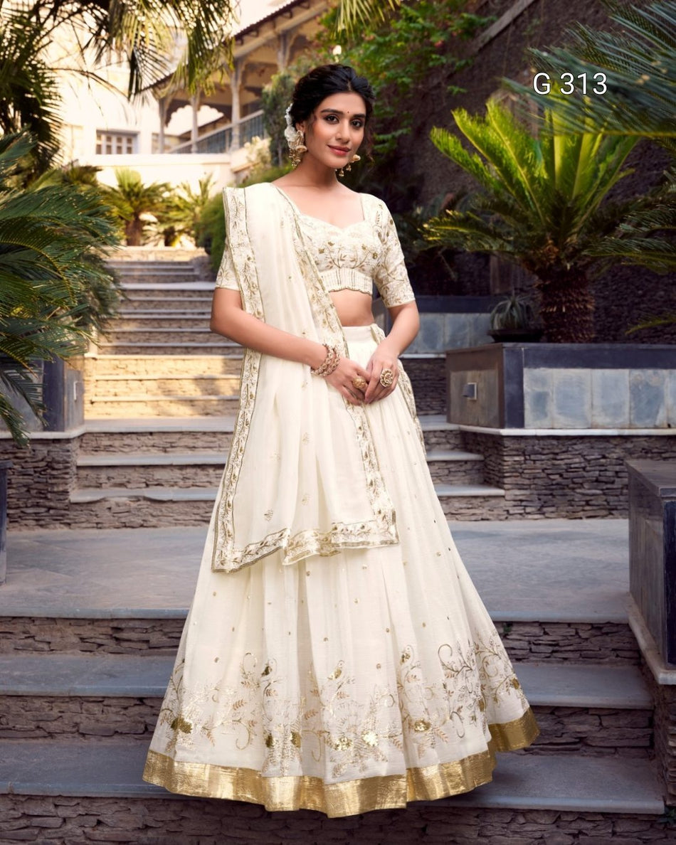 Silver Glosy Lehenga with Sequins & Foil Work – G 313 Off White
