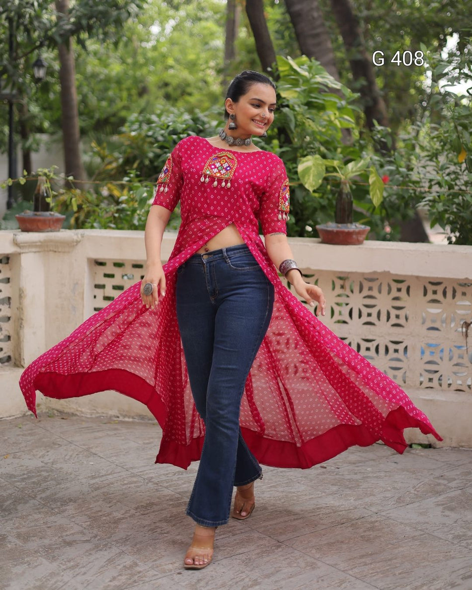 Bandhani Print Faux Georgette Kurti with Kutchi Patchwork – G 408 Pink