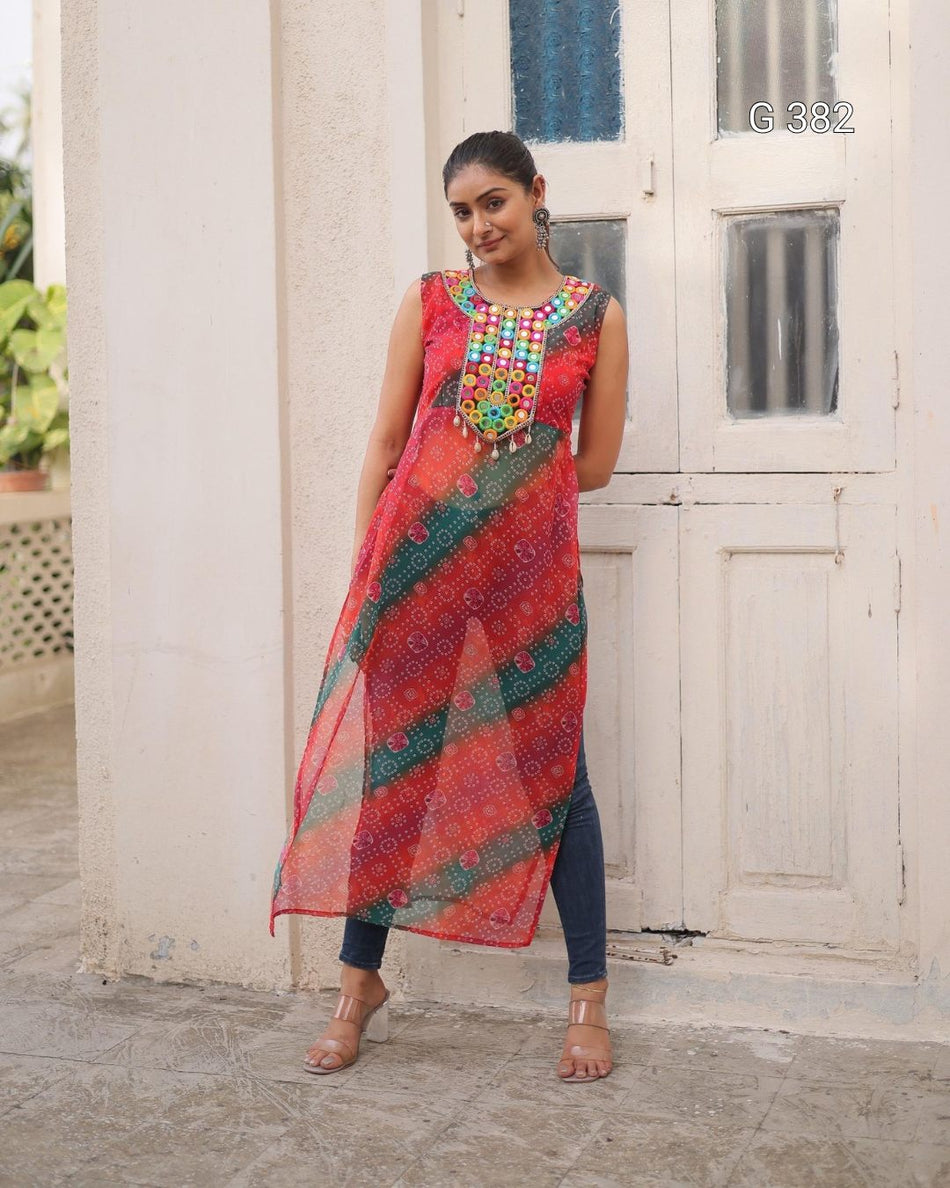 Bandhej Printed Georgette Kurti with Kutchi Gamthi Mirror Work – G 382