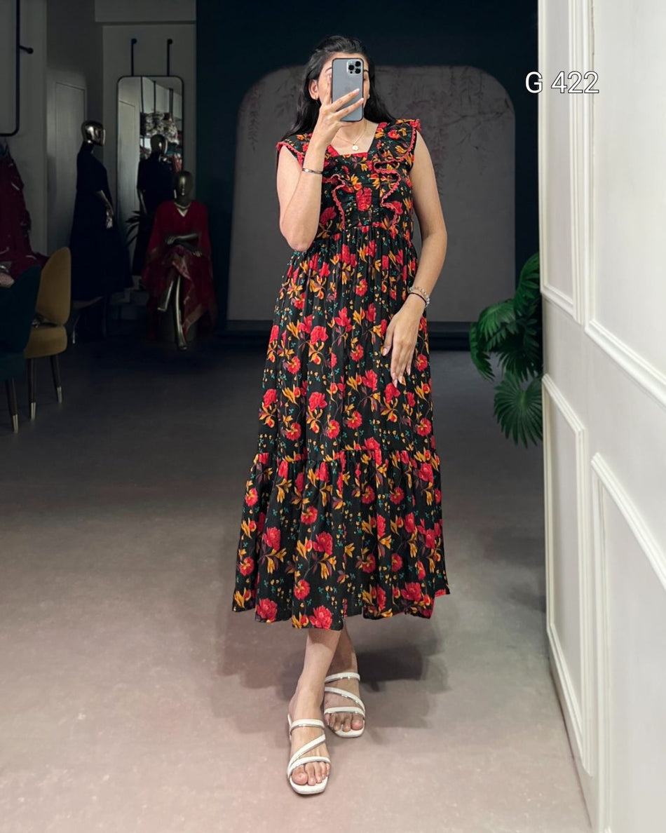 Floral Printed Maslin Silk Frock – G 422